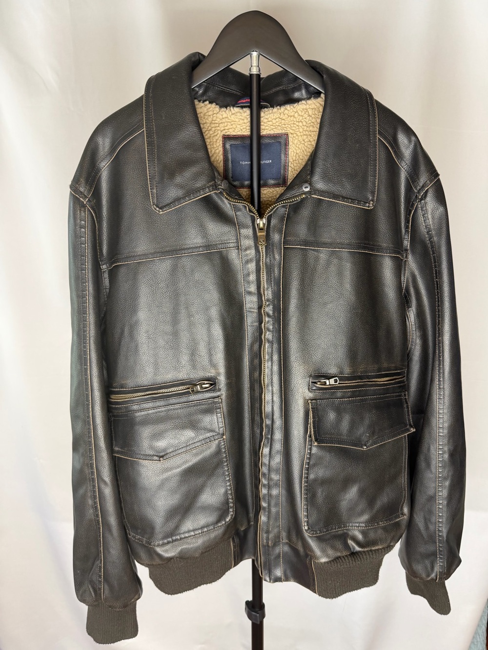 Tommy Hilfiger Black Faux Leather Sherpa Lined Bomber Jacket XXL Men's Vintage
